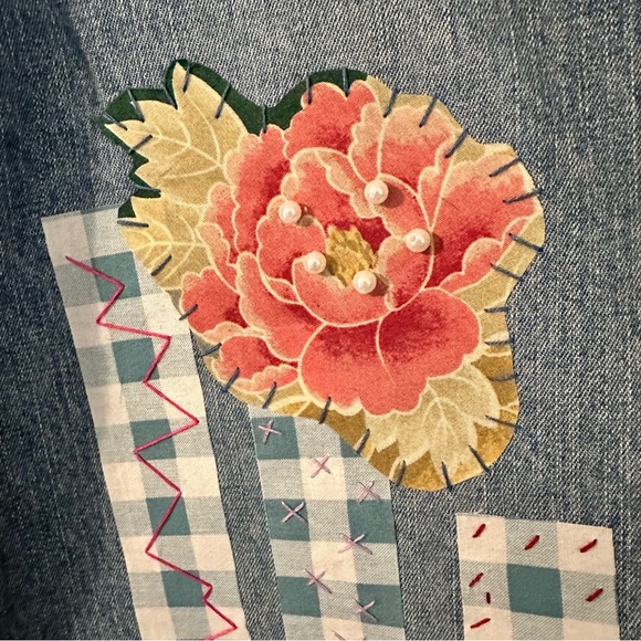 Sonoma Capri jeans, size 10 up cycled mixed media Boho, Handstitched OOAK love - Picture 4 of 10